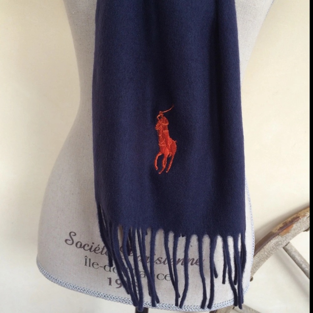 RALPH LAUREN Polo Classic Navy Blue Lamb Wool Scarf Large Orange Pony Warm NWT